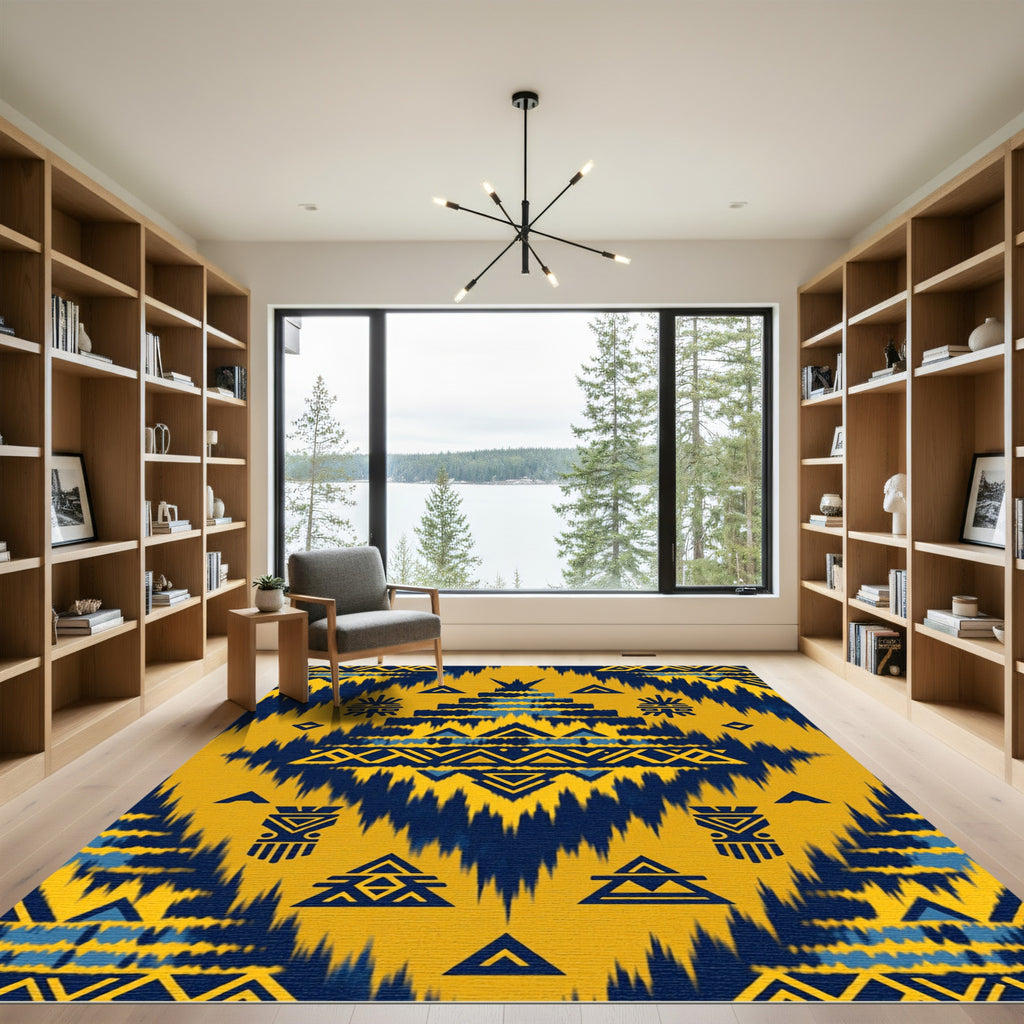 Yellow Blue Tribal Geometric Sunburst Rug