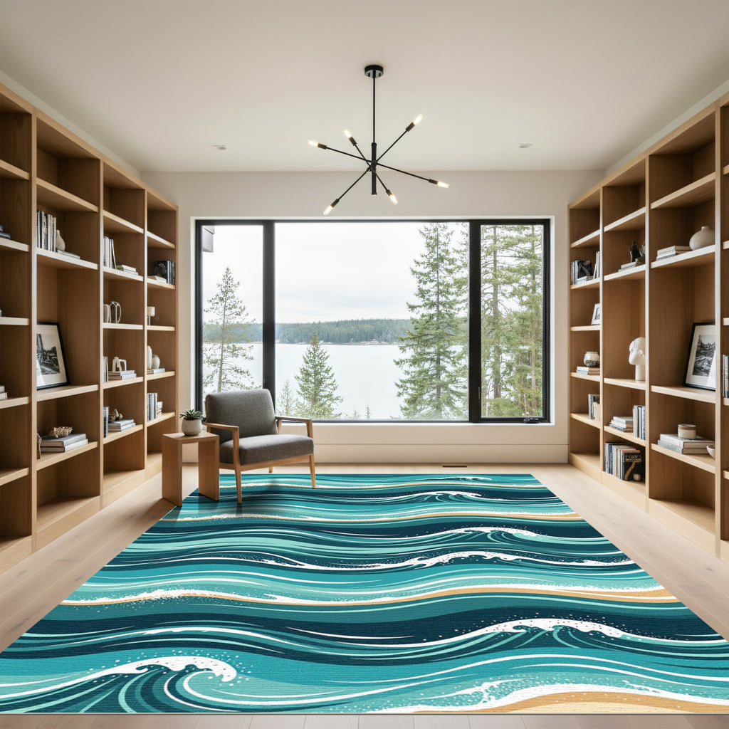 Teal Ocean Wave Crest Coastal Art Rug