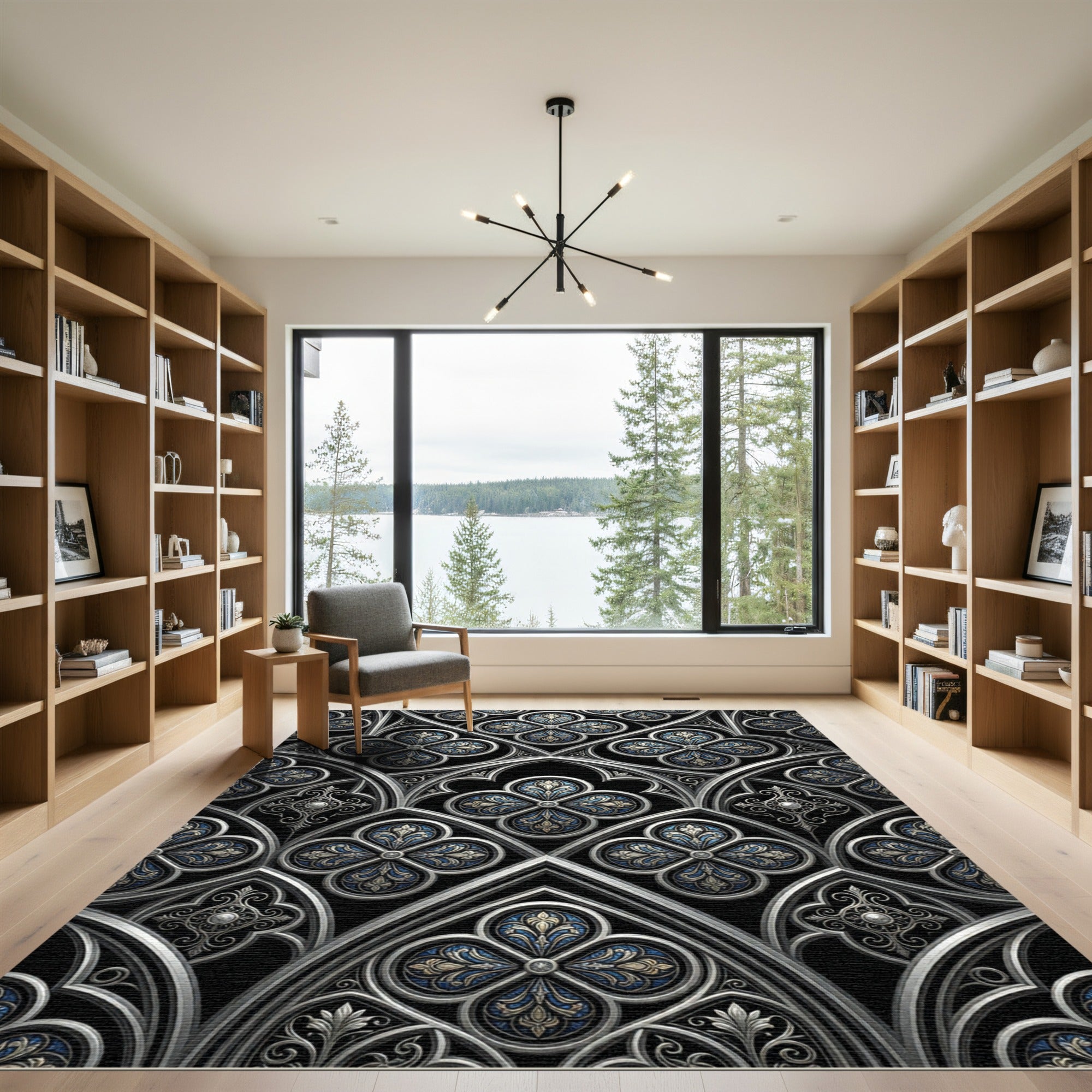 Gothic Blue Silver Quatrefoil Ornamental Rug