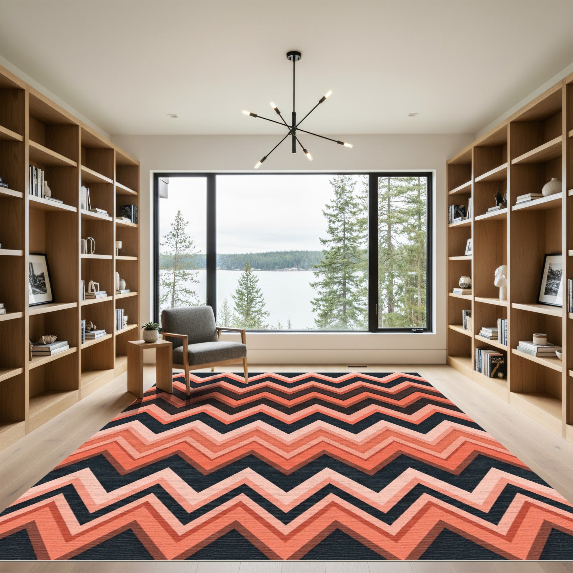Coral and Charcoal Layered Zigzag Rug