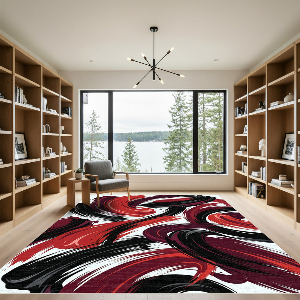 Bold Red and Black Abstract Swirl Rug