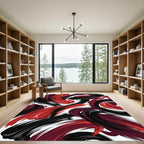Bold Red and Black Abstract Swirl Rug