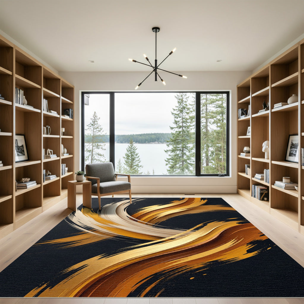 Elegance Golden Fluid Abstract Swirl Rug