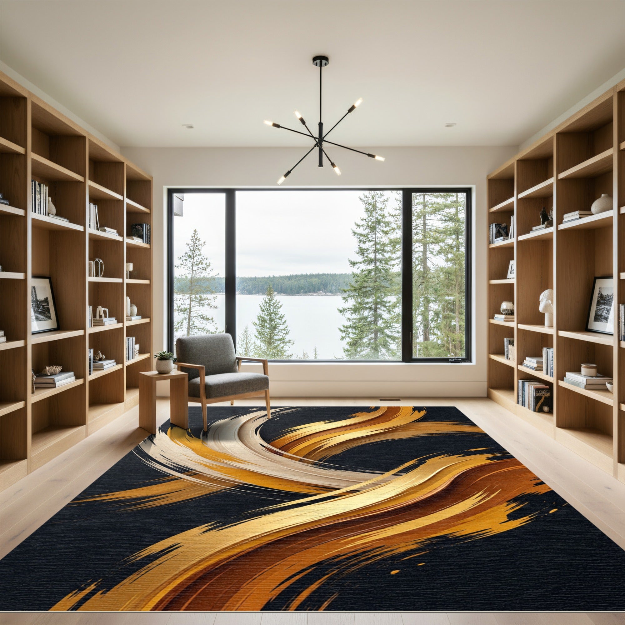 Elegance Golden Fluid Abstract Swirl Rug