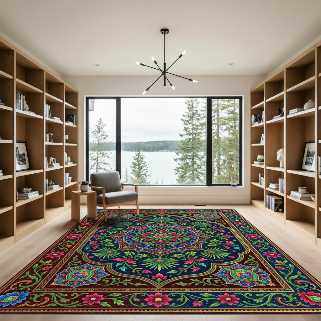 Vibrant Teal Floral Medallion Rug