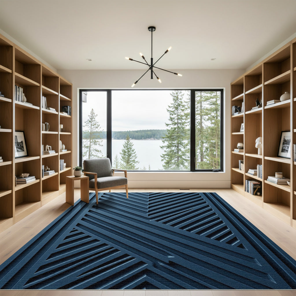 Midnight Blue Chevron Geometric Art Rug