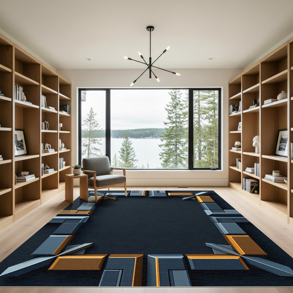 Geometric Blue Gold Metal Frame Rug