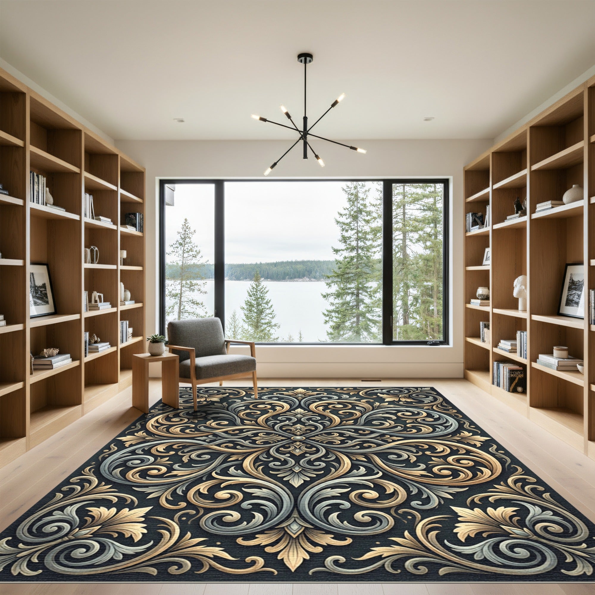 Ornate Gold Silver Scrollwork Rug