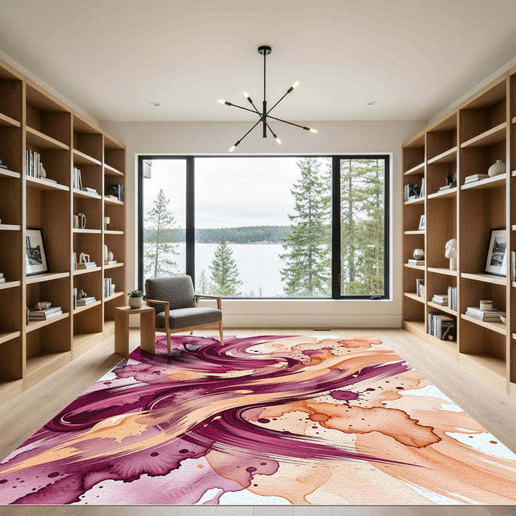 Crimson and Ochre Swirling Ink Splatter Rug