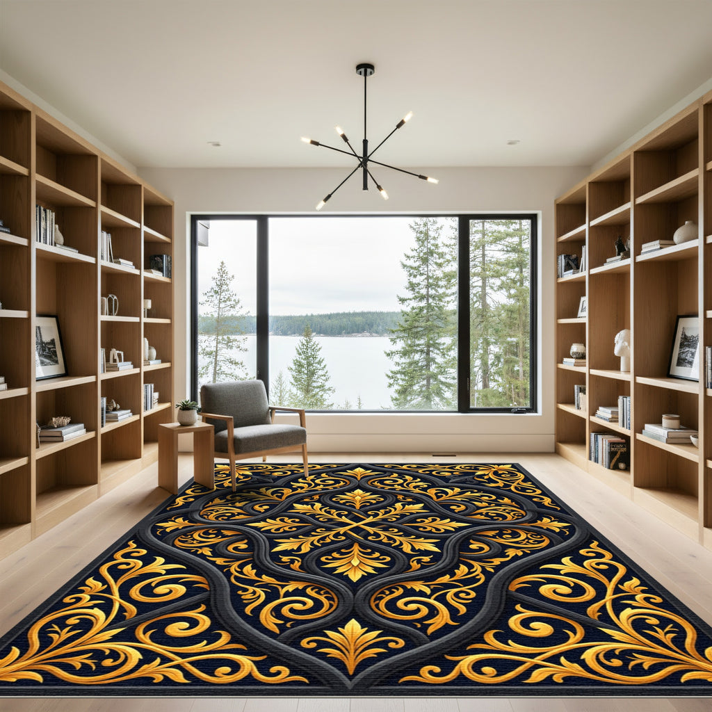 Ornate Gold Floral Black Scroll Rug