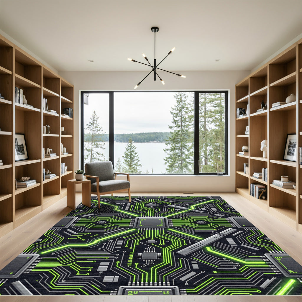 Neon Cyber Circuitry Tech Grid Rug