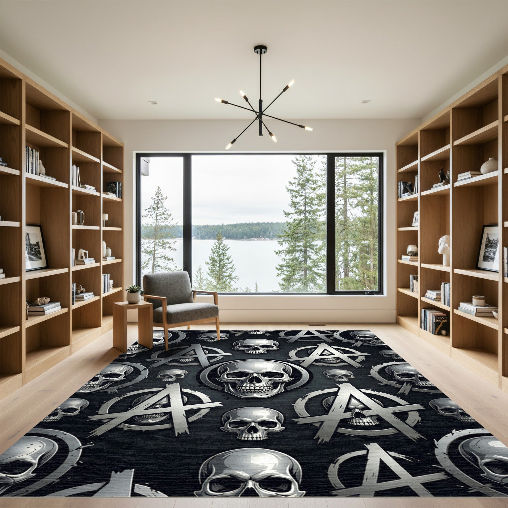 Silver Metallic Skull and Anarchy Symbol Rug