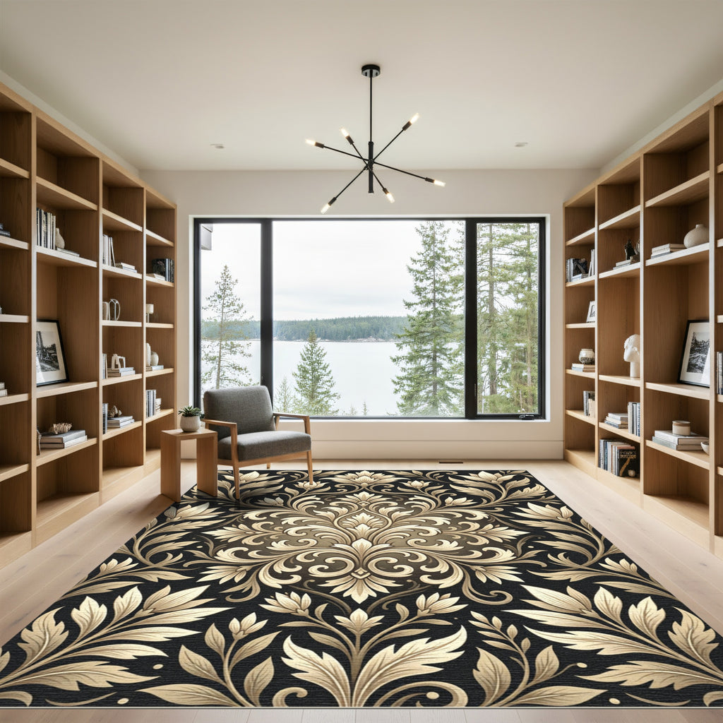Gold Baroque Floral Damask Rug