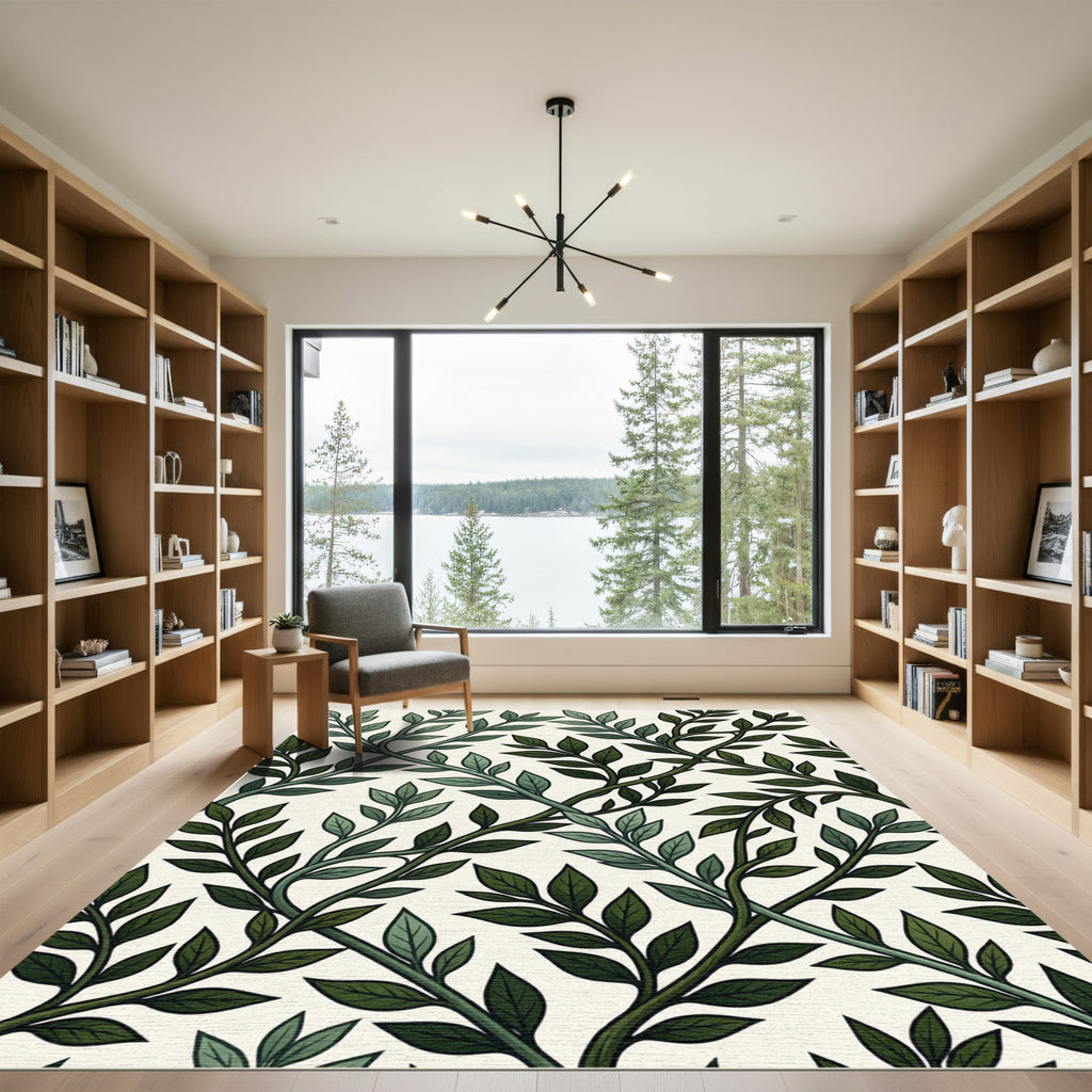Deep Emerald Vines Over Cream Rug