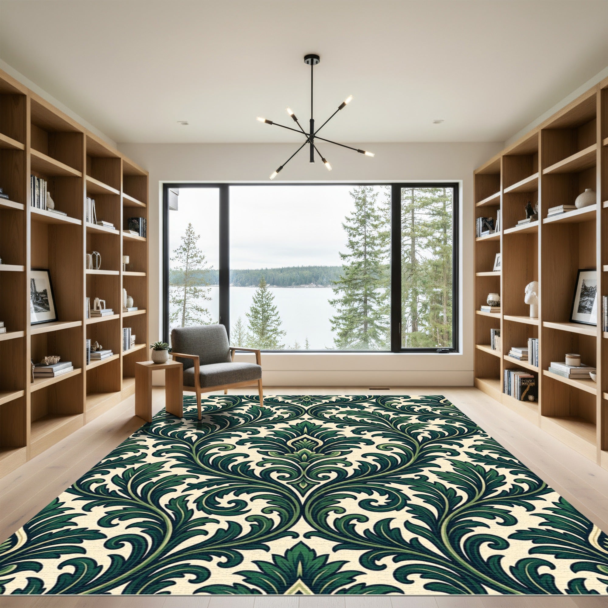 Dark Green Ornate Botanical Damask Rug
