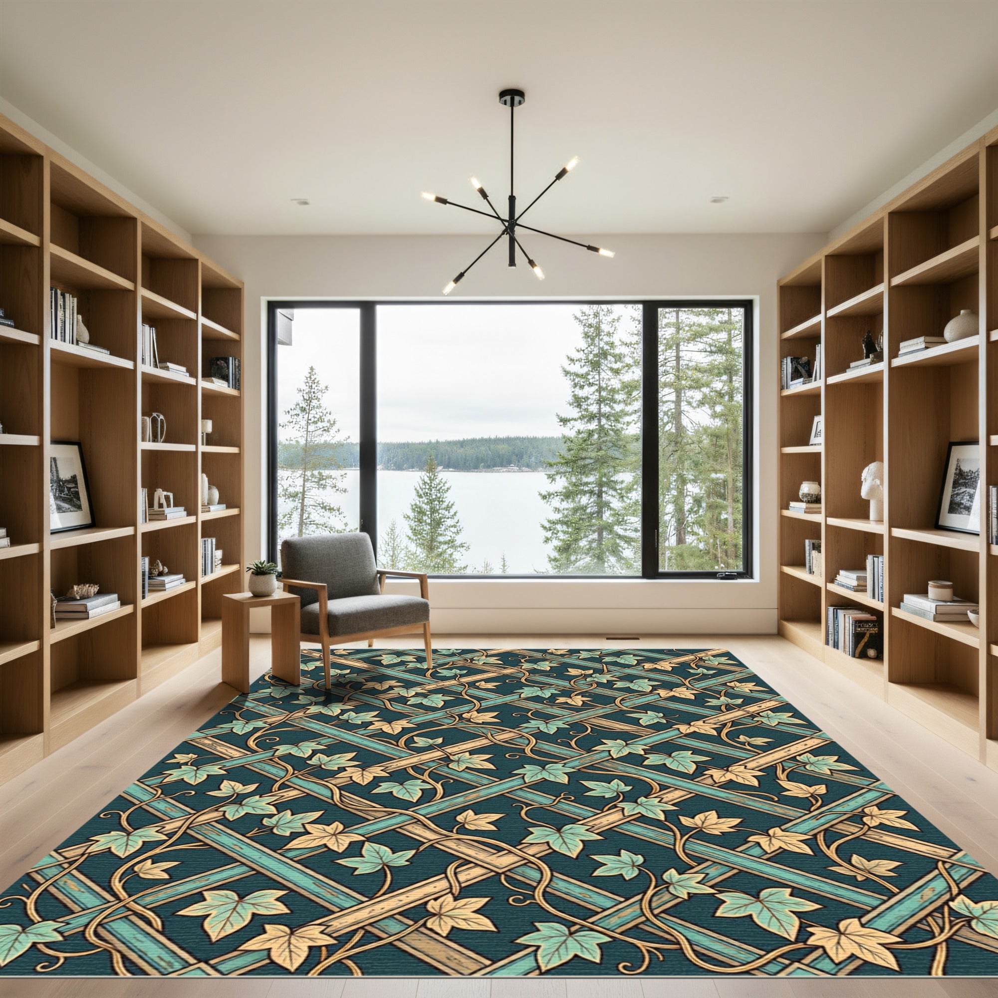 Teal Blue Lattice Ivy Vine Tapestry Rug