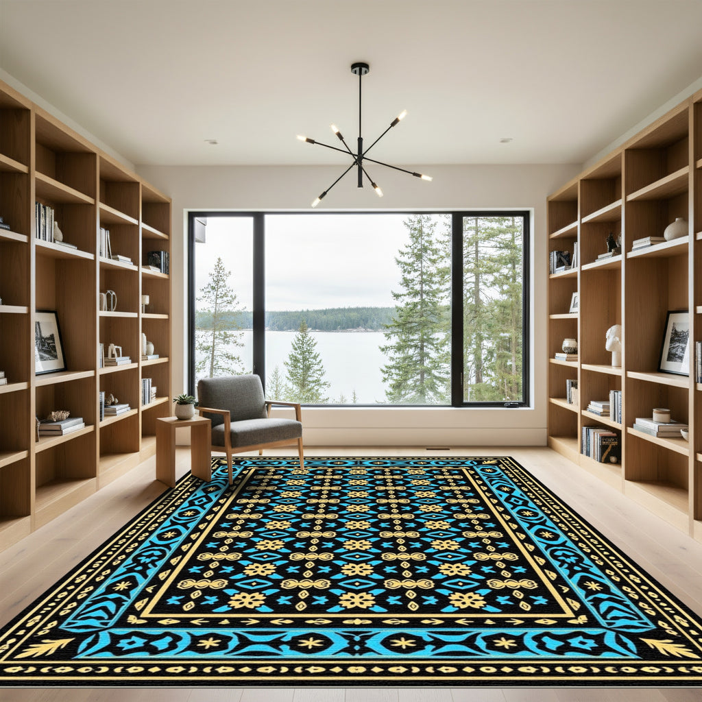 Black Yellow Blue Ornate Medallion Rug