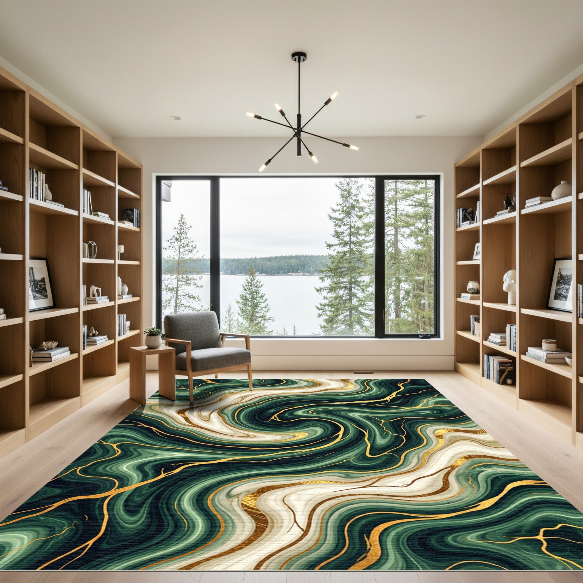 Emerald and Gold Liquid Marble Swirl Rug