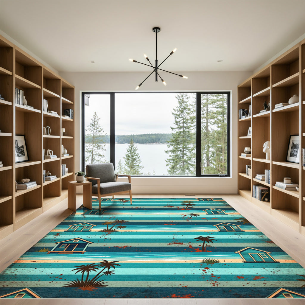 Coastal Beach Hut Striped Ocean Rug