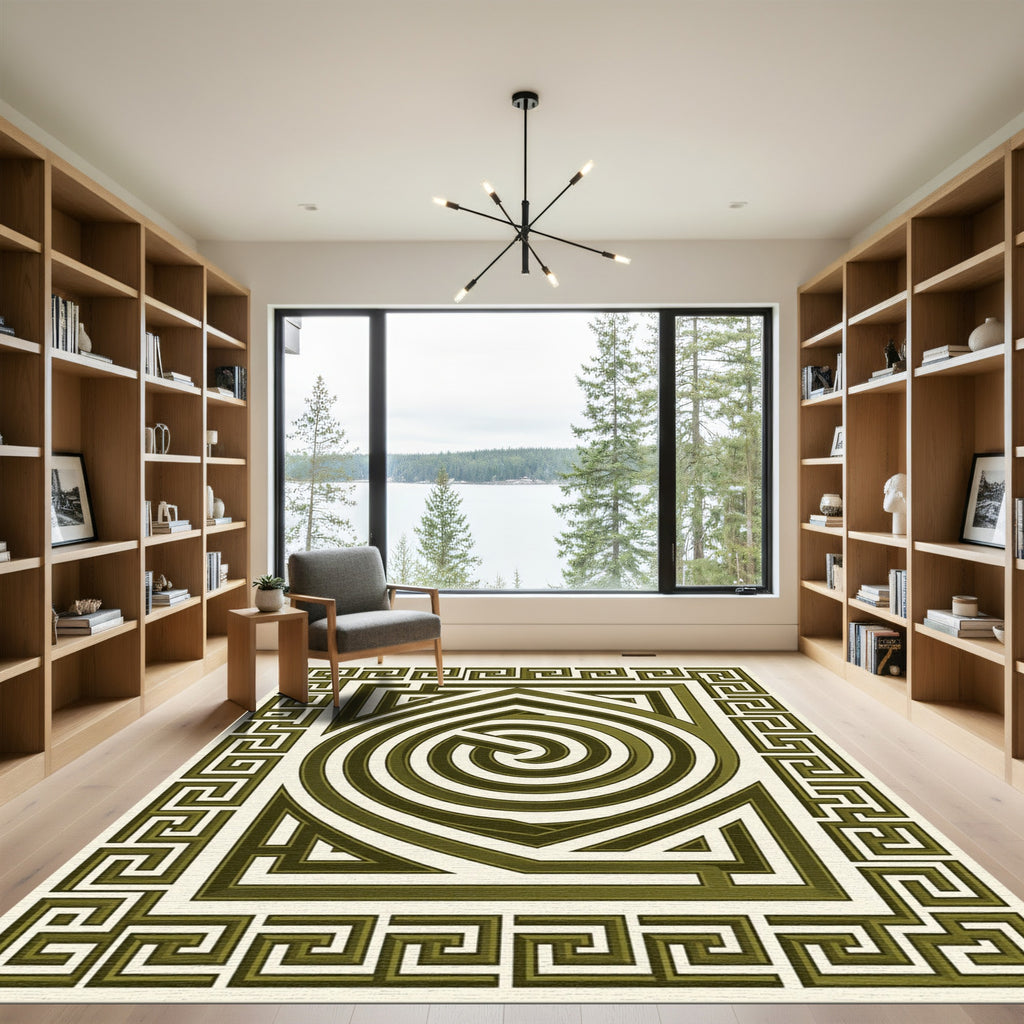 Olive Green Geometric Greek Key Spiral Rug