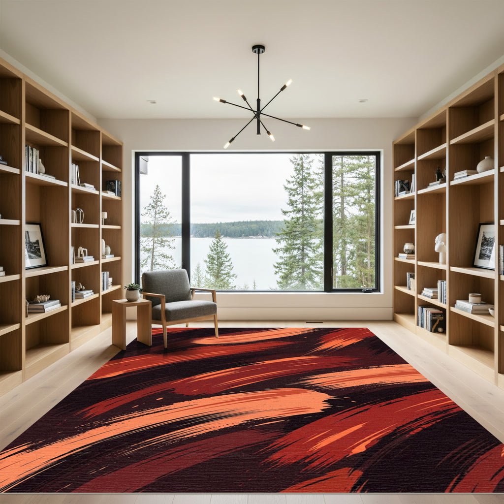Abstract Burnt Orange Brushstroke Swirls Rug