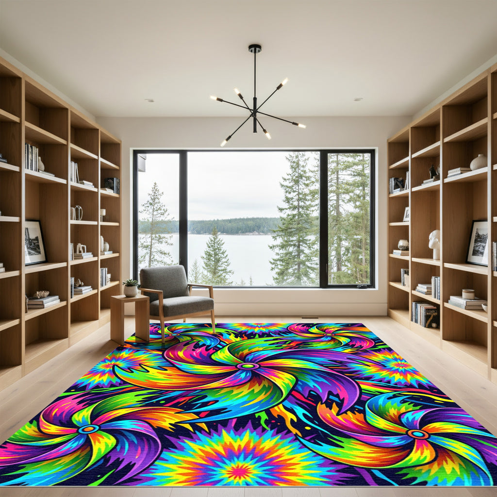 Vibrant Psychedelic Kaleidoscopic Swirl Art Rug