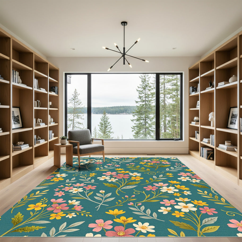 Teal Background Floral Bouquet Collage Rug