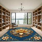 Ornate Golden Lotus Medallion Navy Rug