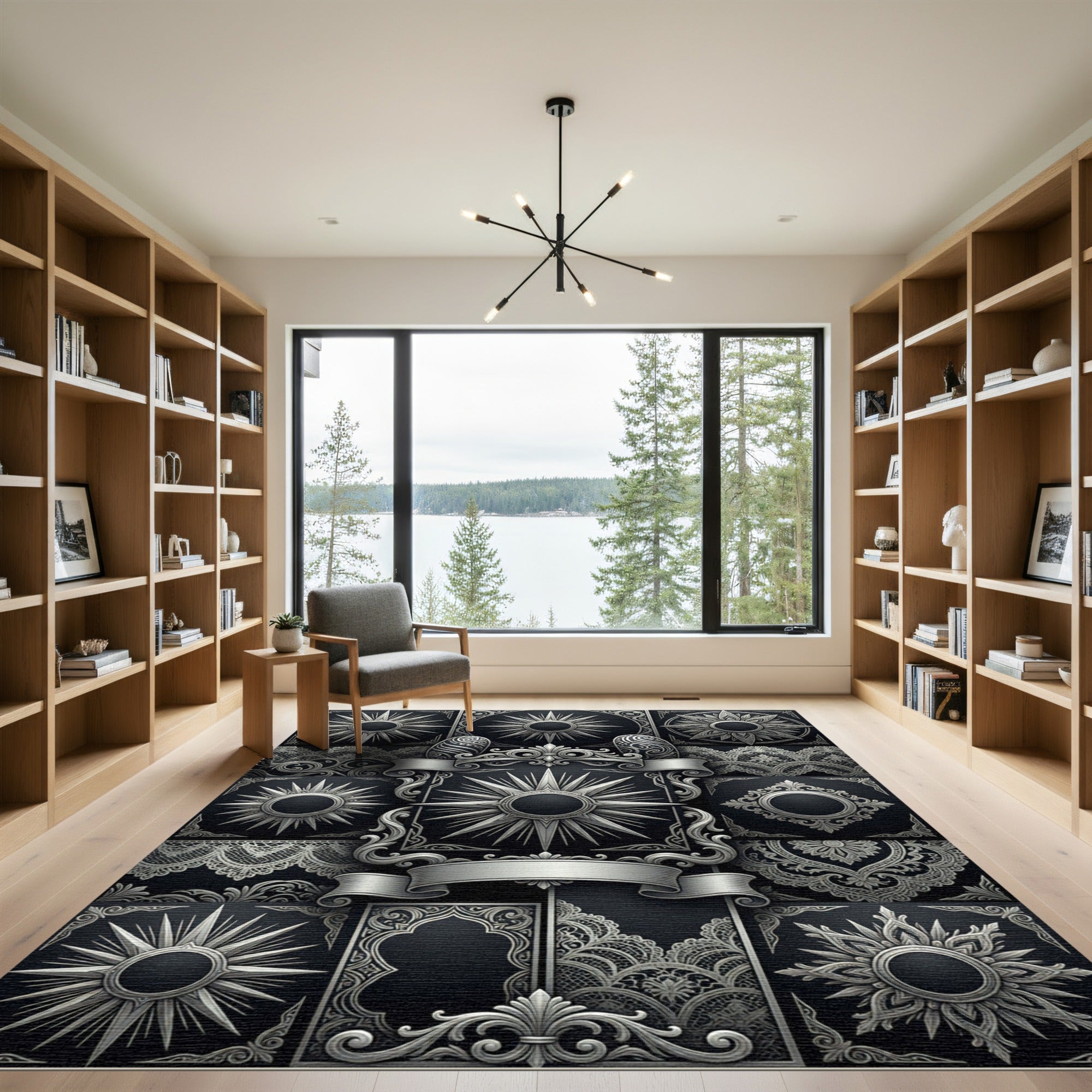 Ornate Silver Sunburst Lace Medallion Rug