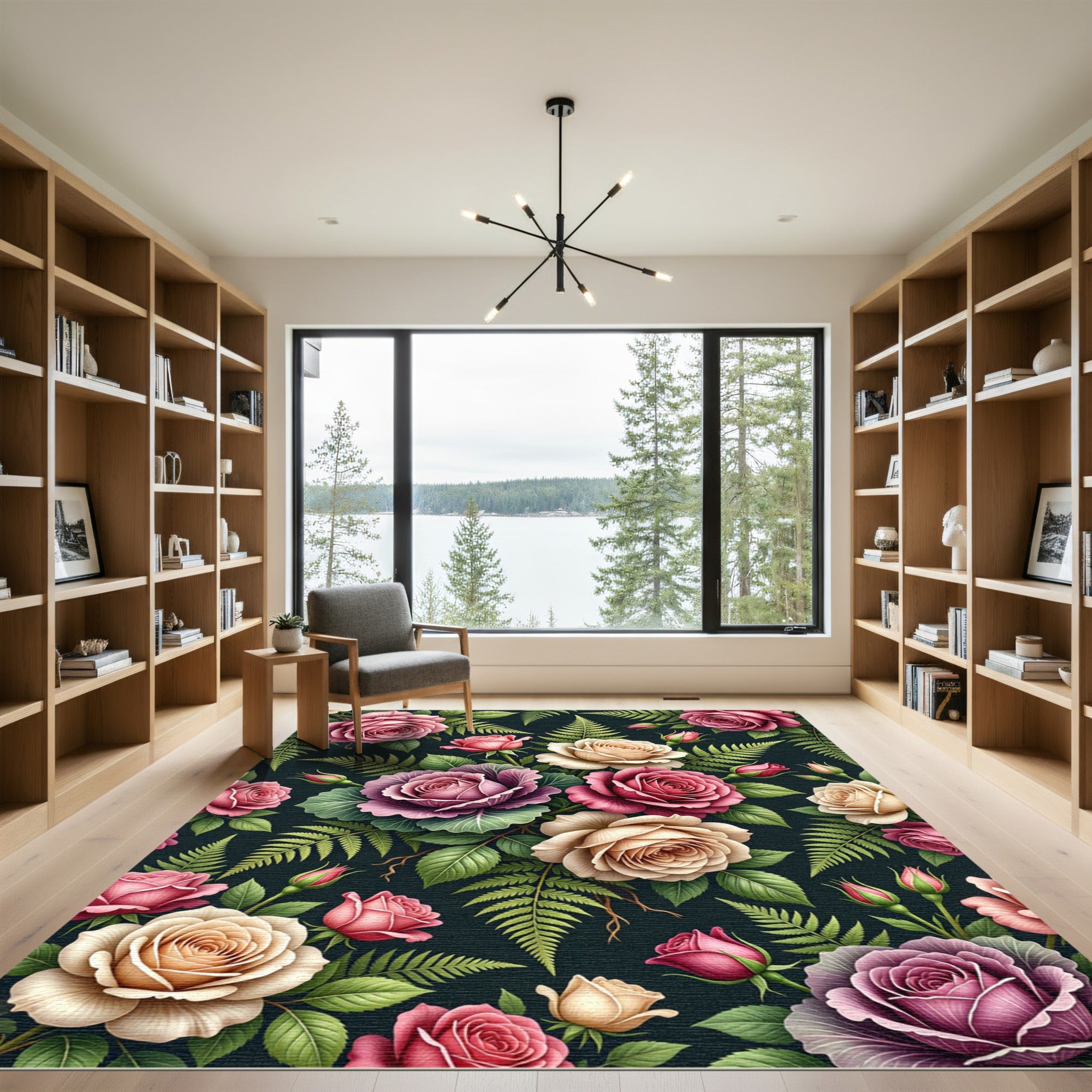 Elegant Moody Rose and Fern Bouquet Rug