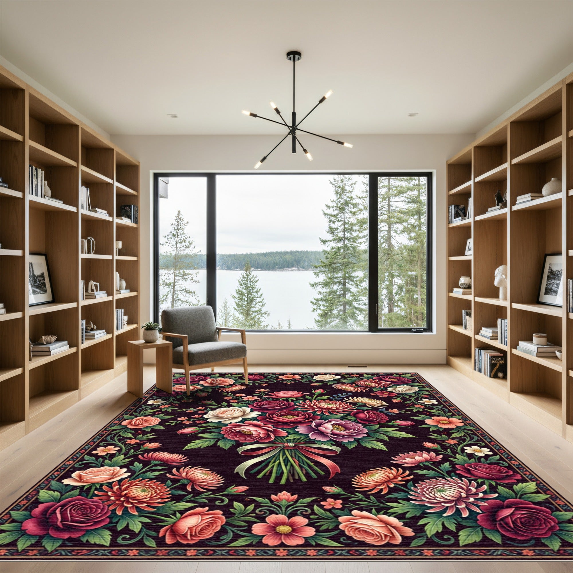 Dark Floral Bouquet Classic Rose Arrangement Rug