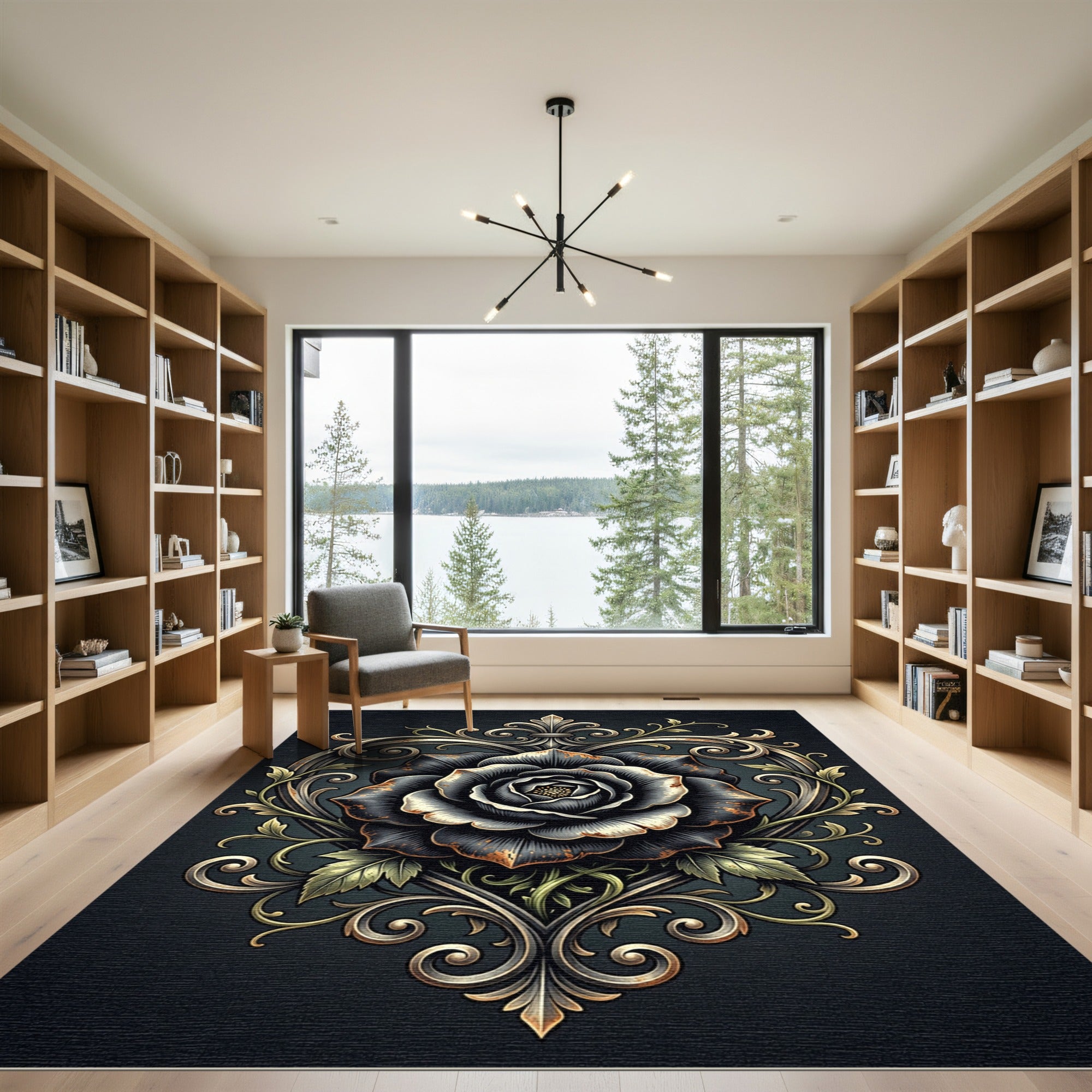 Black Rose Ornate Scroll Heart Rug