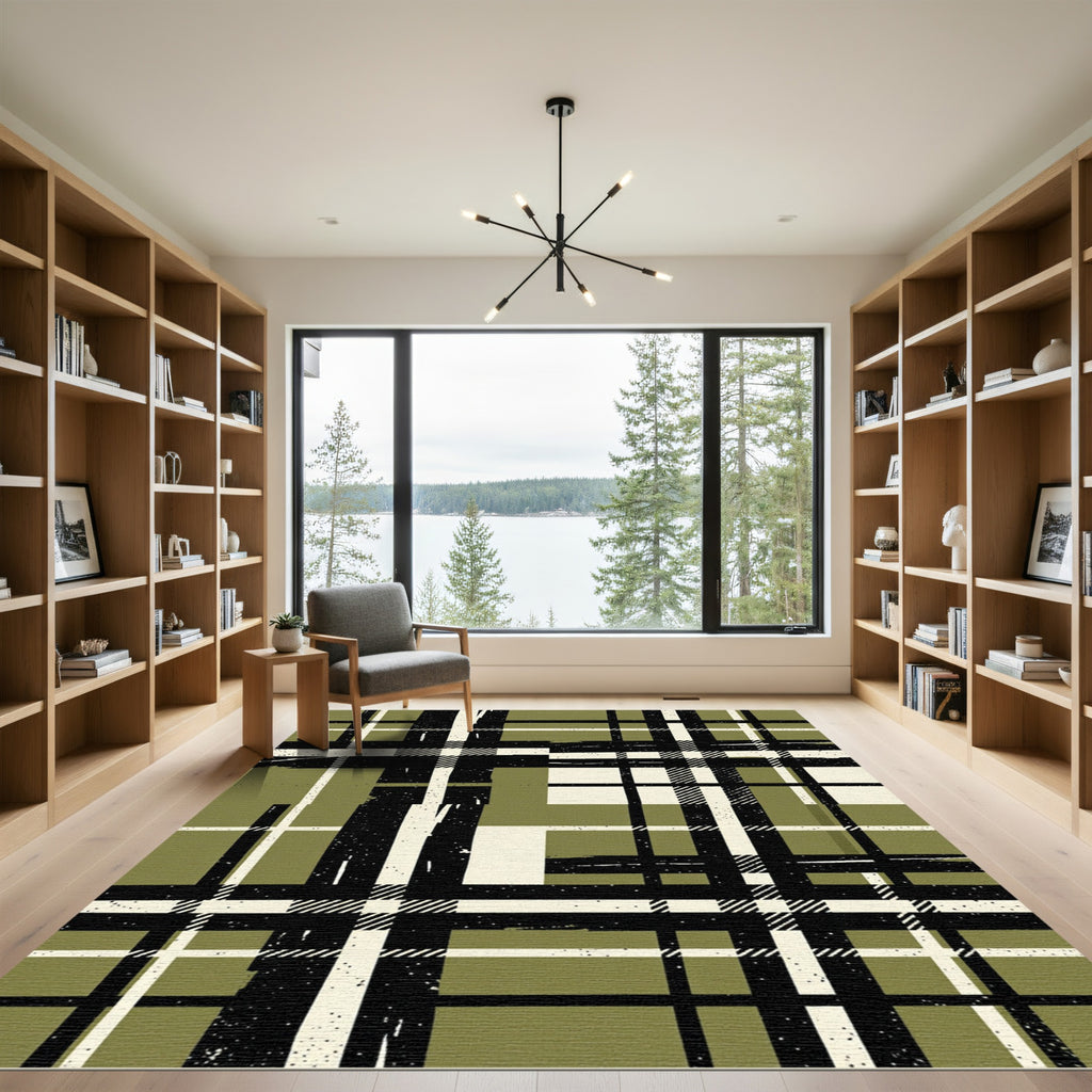 Olive and Black Distressed Plaid Grid Rug