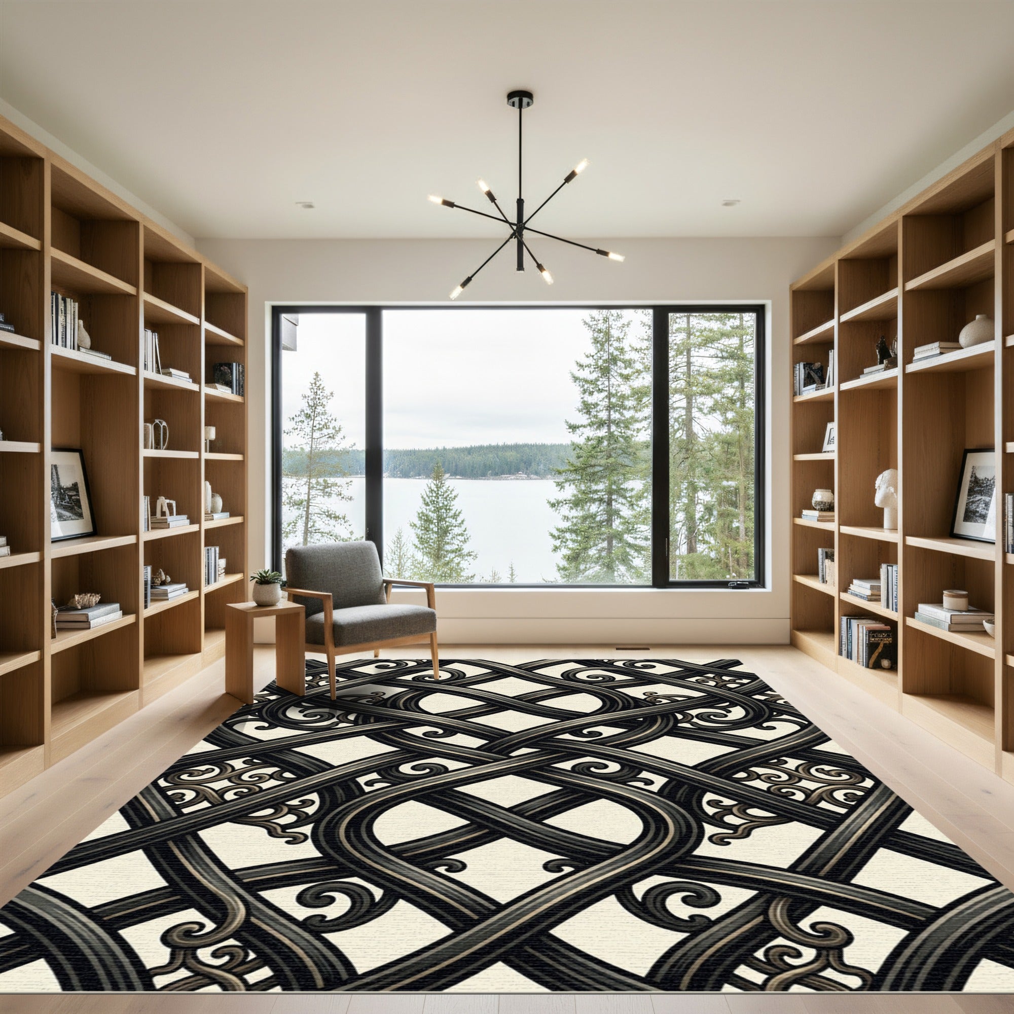 Ornate Charcoal Entwined Scrollwork Scroll Rug