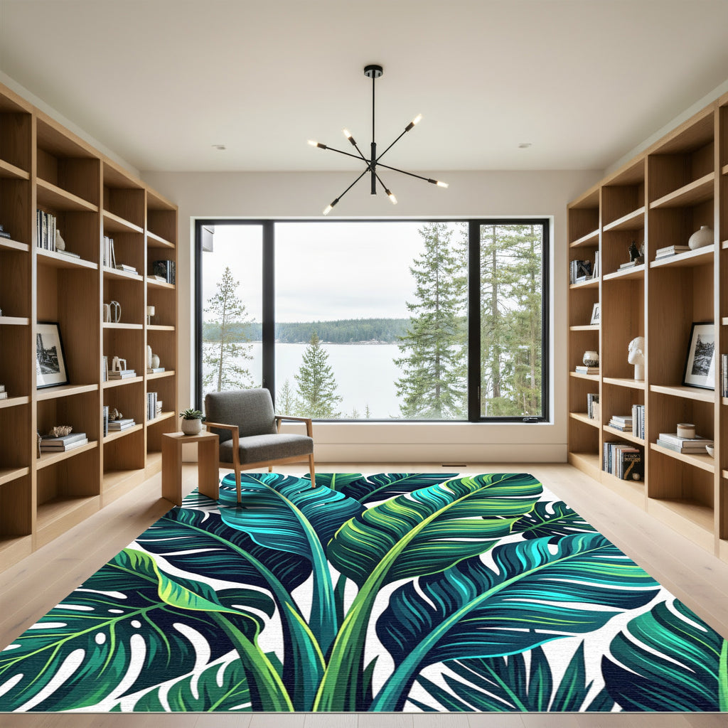 Emerald Teal Tropical Leaf Canopy Rug