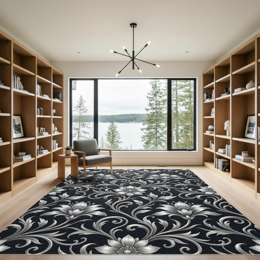 Silver Floral Scrollwork Dark Rug
