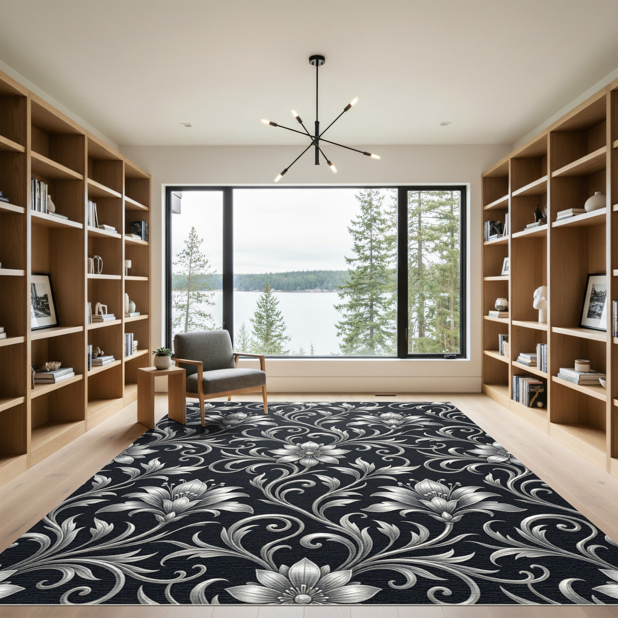 Silver Floral Scrollwork Dark Rug