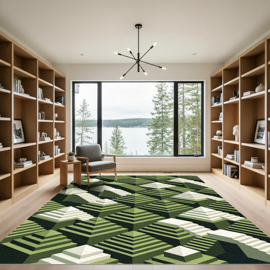 Geometric Olive Green Stepped Pyramid Rug