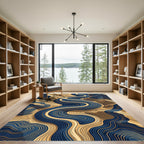 Modern Abstract Navy and Gold Swirl Rug