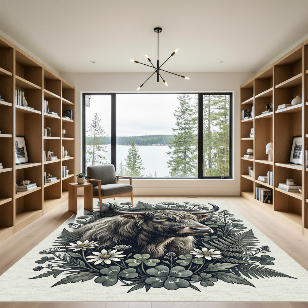 Highland Cattle Fern Clover Botanical Illustration Rug