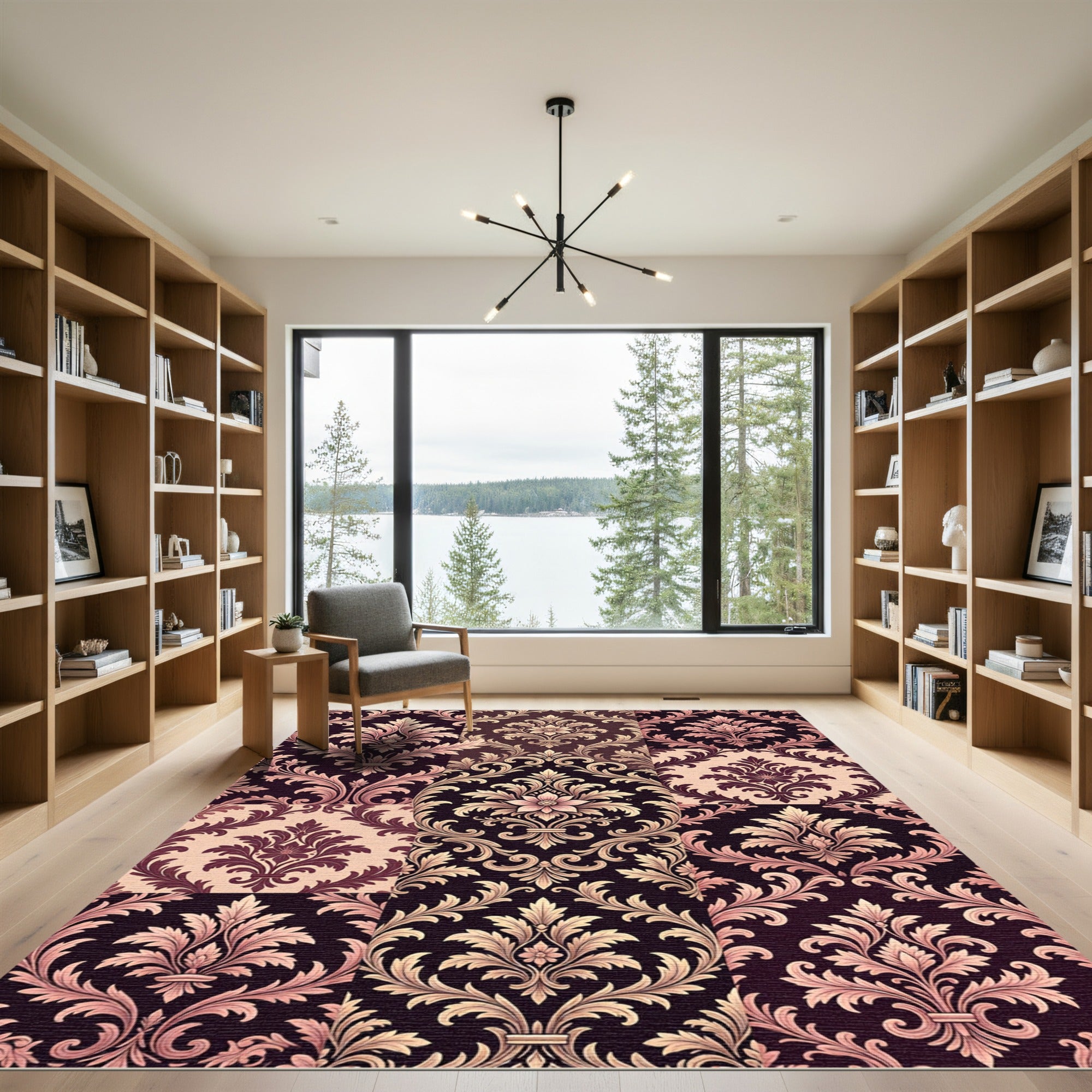 Pink Gold Damask Floral Scroll Rug