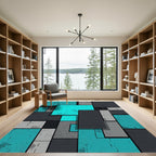 Modern Geometric Teal and Charcoal Blocks Rug