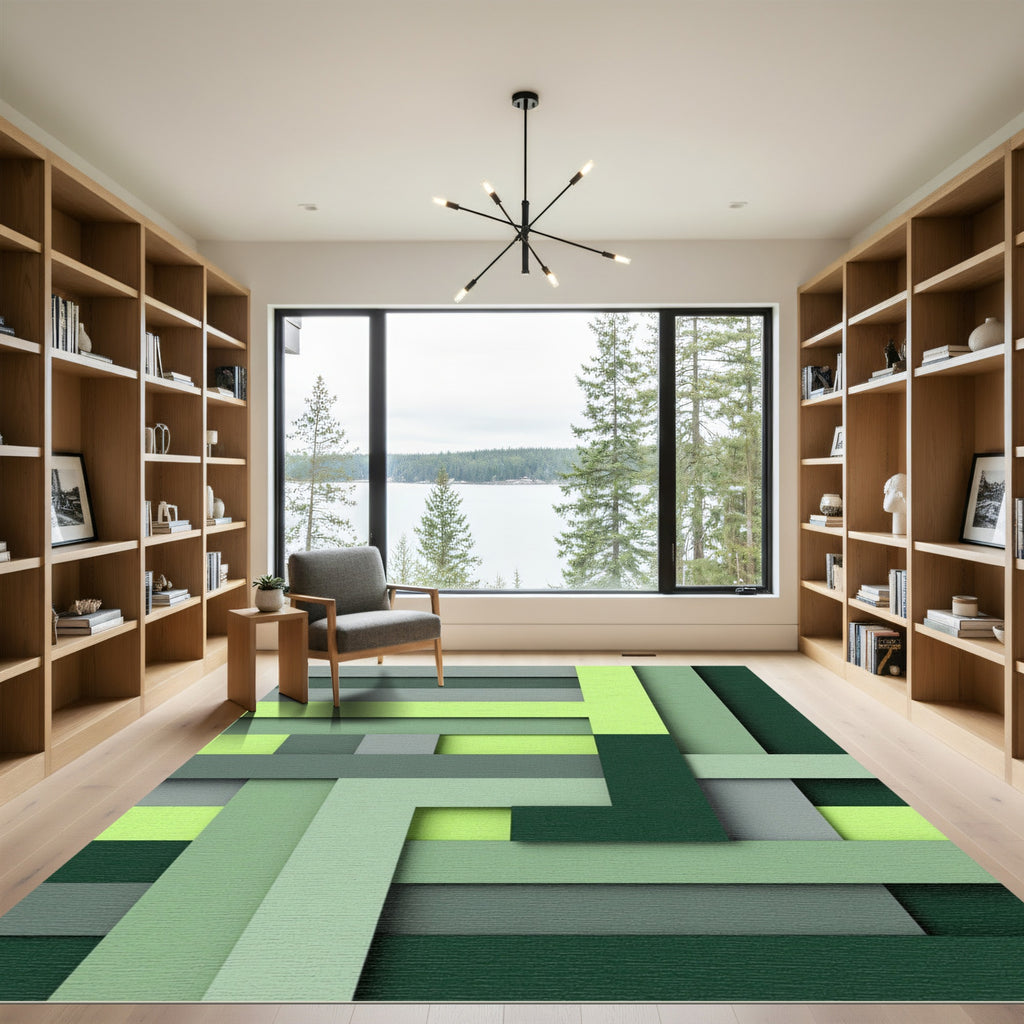 Geometric Lime and Forest Green Layered Bars Rug