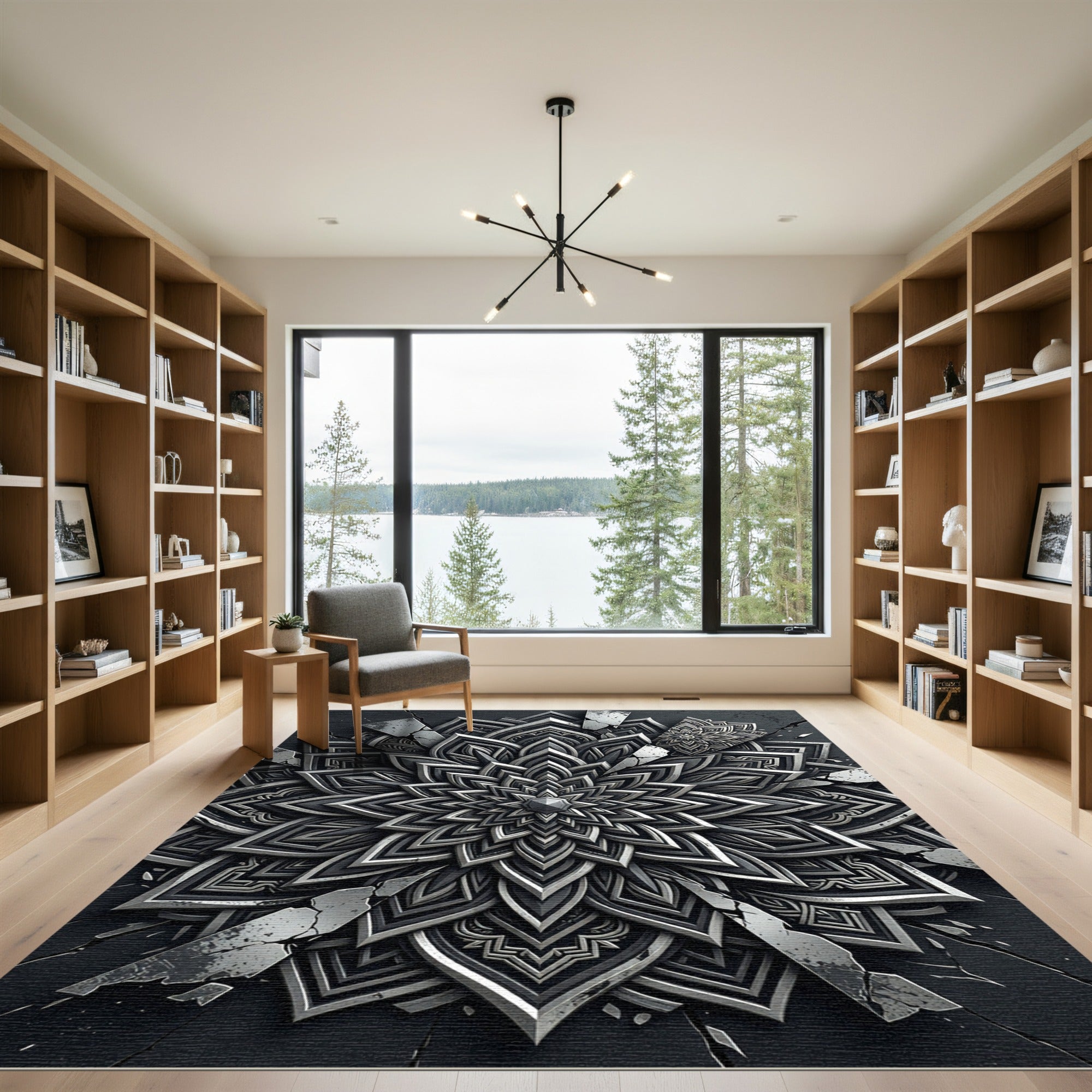 Monochromatic Intricate Mandala Fractured Design Rug