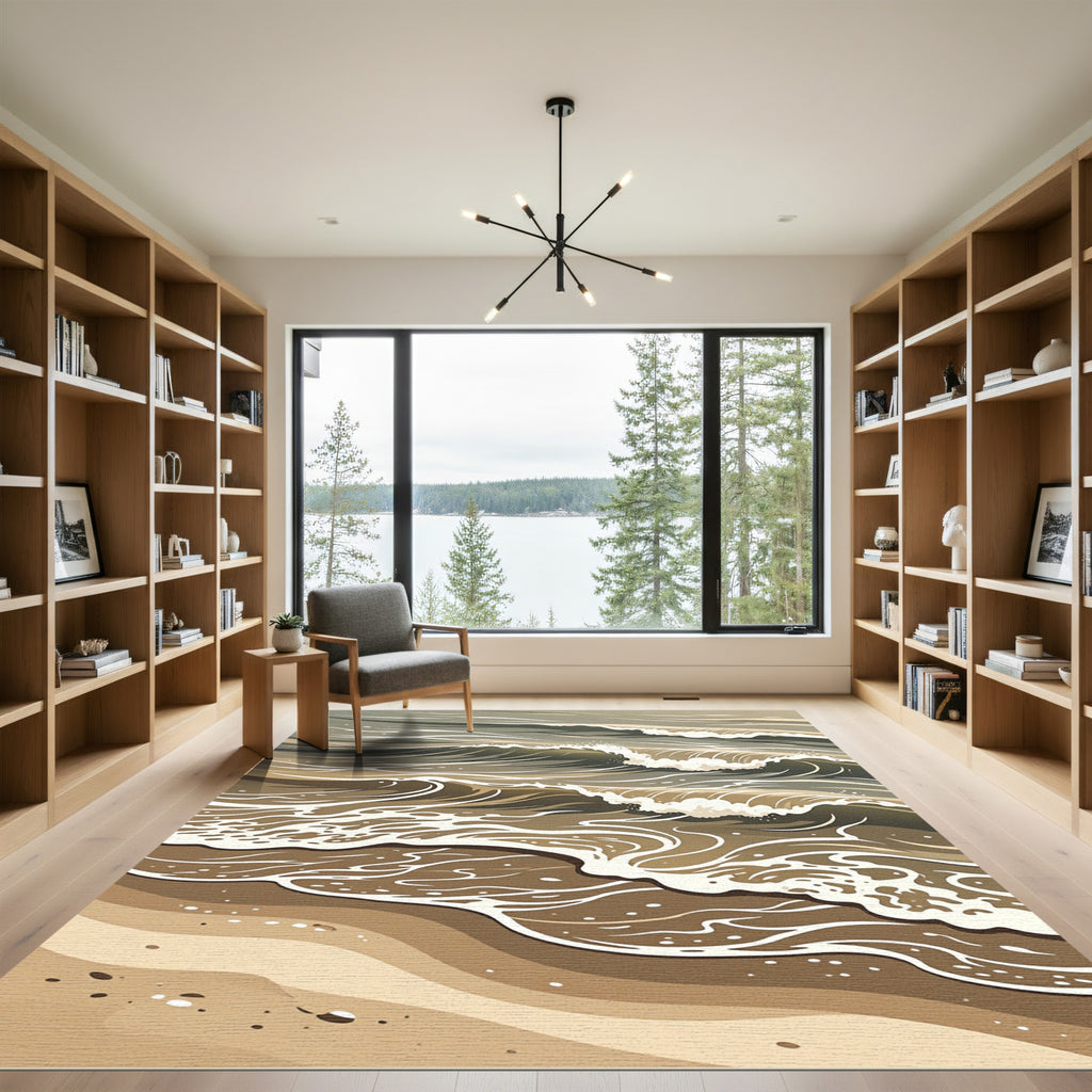 Modern Earthy Brown Abstract Ocean Wave Rug