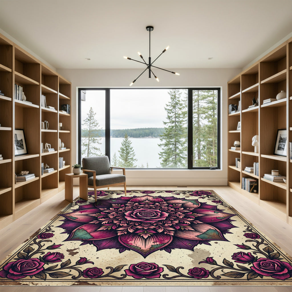 Gothic Magenta Rose Mandala Art Rug