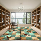 Distressed Teal and Tan Checkered Ink Rug
