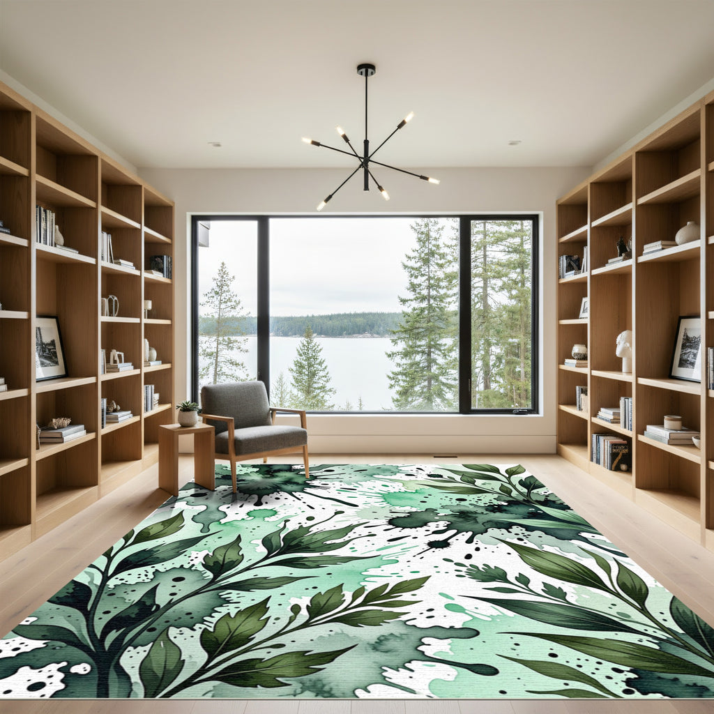 Emerald Botanical Watercolor Ink Splash Rug