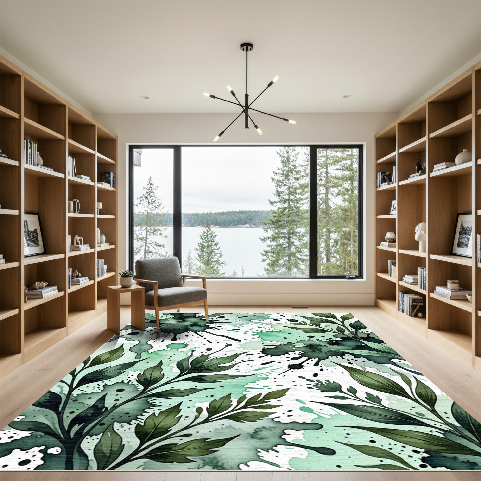Emerald Botanical Watercolor Ink Splash Rug