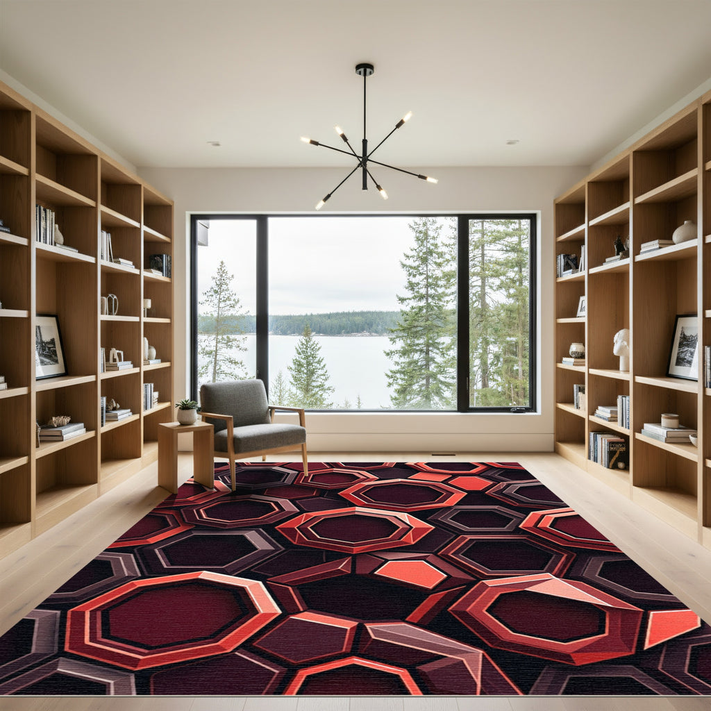 Crimson Honeycomb Geometric Overlap Rug